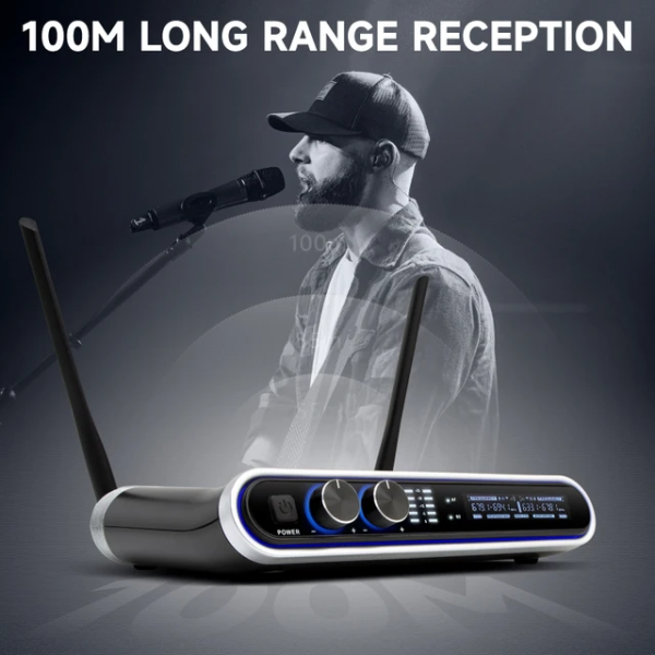 HRIDZ Wireless Microphone System Dual UHF Handheld Mics with 100m Range Receiver for Karaoke Meetings Parties Supply